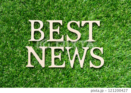 Wood alphabet letter in word best news on artificial green grass background 121200427