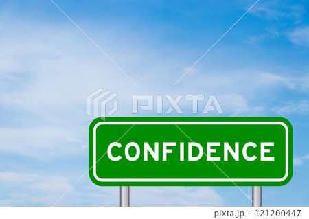 Green color transportation sign with word confidence on blue sky with white cloud background 121200447