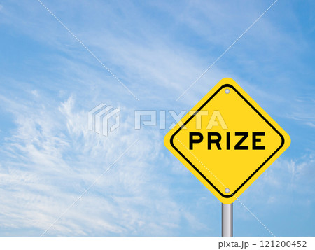 Yellow transportation sign with word prize on blue color sky background Yellow transportation sign with word prize on blue color sky background 121200452