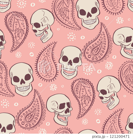 Seamless pattern with hand drawn inky floral skulls surrounded by paisley Seamless pattern with hand drawn inky floral skulls surrounded by paisley 121200471