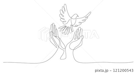 Hand with dove flying, Praying hands and white dove flying, hands releasing doves into the sky Hand with dove flying, Praying hands and white dove flying, hands releasing doves into the sky 121200543