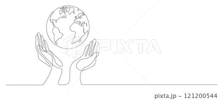 Globe on hands, earth in adult hands, earth day, world day line vector 121200544