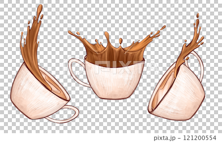 Hand-drawn coffee splash cups set. Flowing coffee art emphasizing energy and creativity. Realistic brown splash from a minimalist porcelain mug. Eye-catching liquid motion for branding and posters Hand-drawn coffee splash cups set. Flowing coffee art emphasizing energy and creativity. Realistic brown splash from a minimalist porcelain mug. Eye-catching liquid motion for branding and posters 121200554