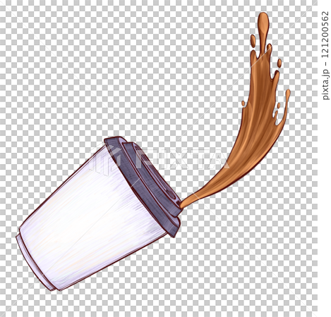 Spilling coffee from a takeaway cup in motion. Dynamic splash illustration with rich brown tones. Minimal hand-drawn design for drink concepts 121200562