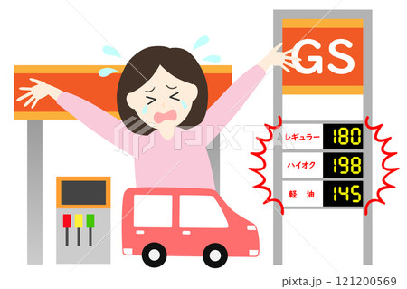 ガソリン価格の値上げで困って泣く女性のイラスト素材 121200569