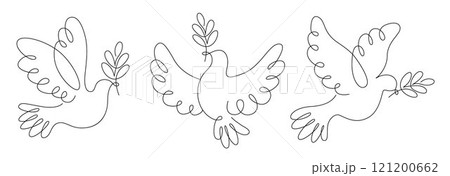 Dove, pigeon symbol of love peace and freedom in simple line vector, flying dove with olive branch 121200662