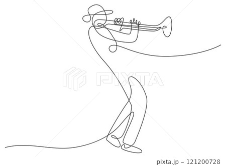 Man plays trumpet musical instrument line vector, musician playing trumpet 121200728