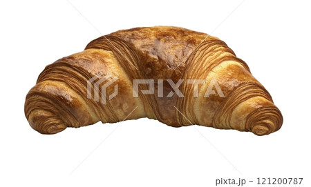 Freshly baked croissant on a clean surface showcasing its flaky layers and golden color 121200787
