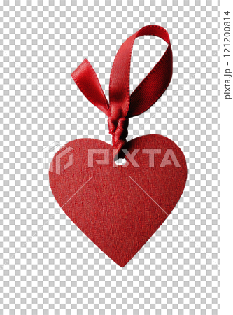 Unique red heart-shaped tag with a ribbon on a plain background for crafts or gifts Unique red heart-shaped tag with a ribbon on a plain background for crafts or gifts 121200814