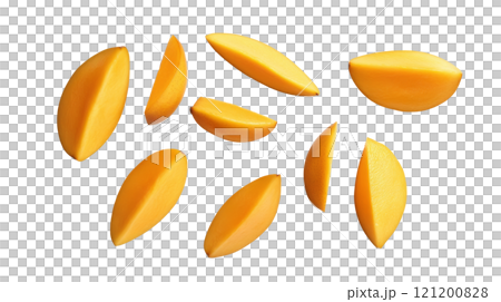 A vibrant arrangement of fresh mango slices and whole mangoes on a bright background 121200828