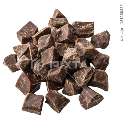Mounds of dark chocolate chunks spread across a clean white surface for baking and desserts Mounds of dark chocolate chunks spread across a clean white surface for baking and desserts 121200829