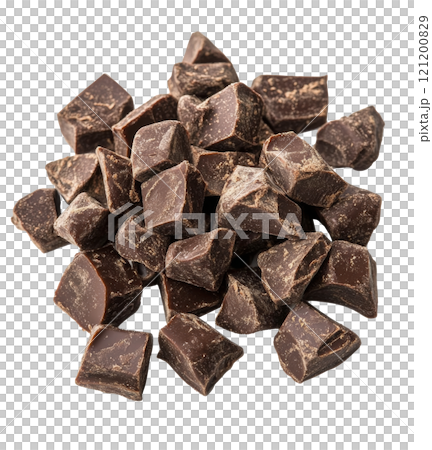 Mounds of dark chocolate chunks spread across a clean white surface for baking and desserts Mounds of dark chocolate chunks spread across a clean white surface for baking and desserts 121200829