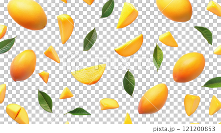 A vibrant arrangement of fresh mango slices and whole mangoes on a bright background 121200853