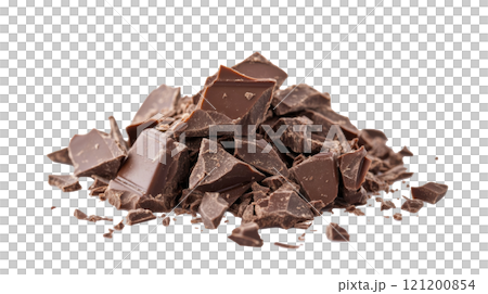 Delicious chunks of dark chocolate scattered on a clean white background ready for baking treats 121200854