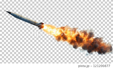 A missile launches with powerful flames and smoke against a clear background in mid-flight 121200877