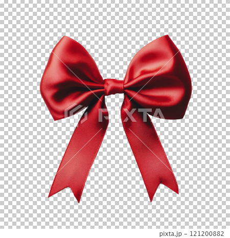 Bright red ribbon bow placed elegantly on a white surface for gift decorating 121200882