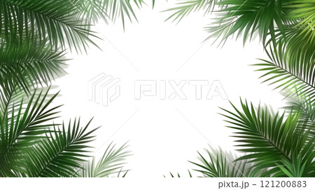 Lush green palm leaves create a tropical frame against a light background for design purposes 121200883