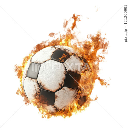 A flaming soccer ball in motion creating an intense action scene in a sports-themed setting A flaming soccer ball in motion creating an intense action scene in a sports-themed setting 121200993