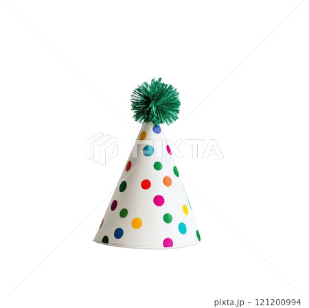 Colorful party hat with pom-pom decoration on a white background for celebrations and events 121200994