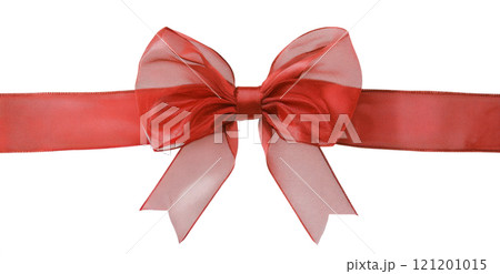 Elegant red ribbon bow designed for gift wrapping and decor, highlighting festive charm 121201015
