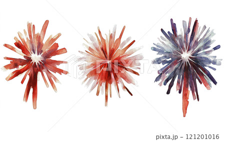 Celebratory watercolor fireworks bursting in red, white, and blue on a white background 121201016