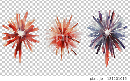 Celebratory watercolor fireworks bursting in red, white, and blue on a white background 121201016
