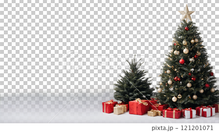 Festive decoration of a large and small Christmas tree with wrapped gifts in a cozy setting Festive decoration of a large and small Christmas tree with wrapped gifts in a cozy setting 121201071