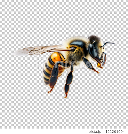 A detailed view of a honeybee showcasing its unique features and vibrant colors 121201094