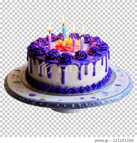 Colorful birthday cake with decorations and candles ready for celebration 121201100