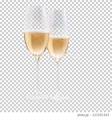 Celebratory champagne flutes filled with bubbly drink on a white background 121201103