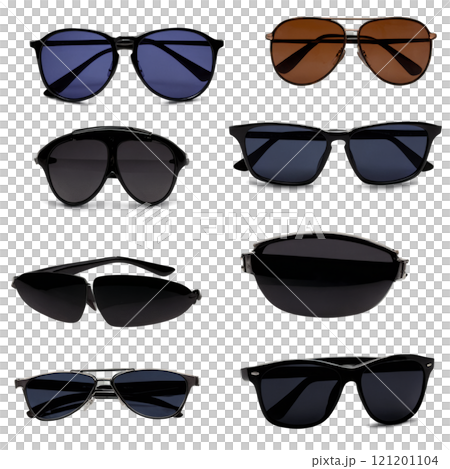 Collection of stylish sunglasses displayed on a neutral background for summer fashion trends 121201104
