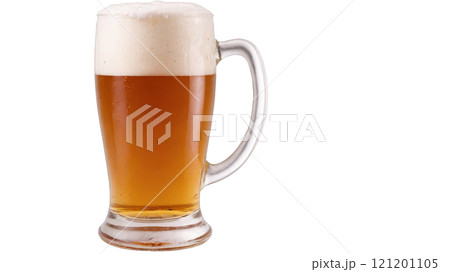 A tall glass of golden beer with a frothy head, tilted on a white background 121201105