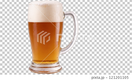 A tall glass of golden beer with a frothy head, tilted on a white background 121201105