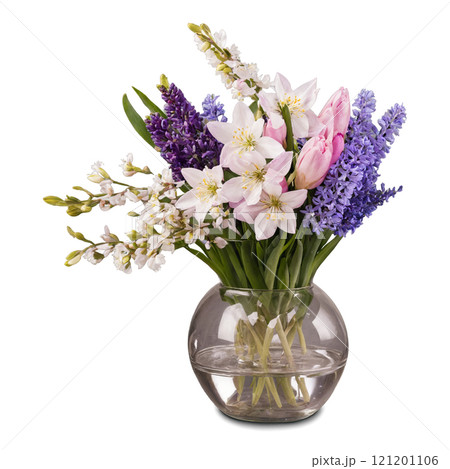 Beautiful floral arrangement featuring various spring flowers in vibrant colors 121201106