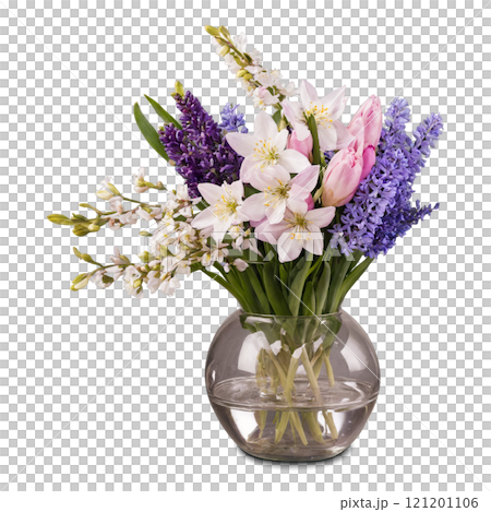 Beautiful floral arrangement featuring various spring flowers in vibrant colors 121201106