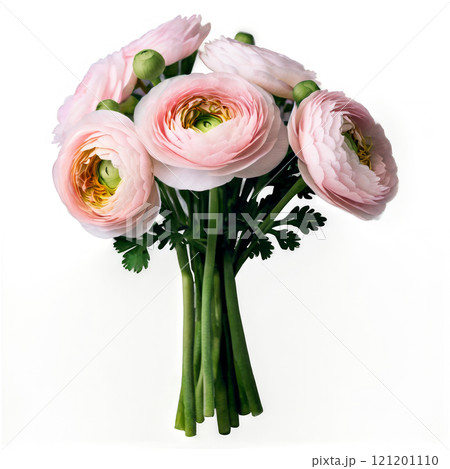 Pastel ranunculus bouquet in a clear vase on a white background 121201110