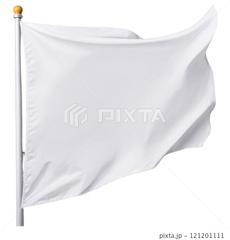 A simple white flag waving gently on a wooden pole against a plain background 121201111