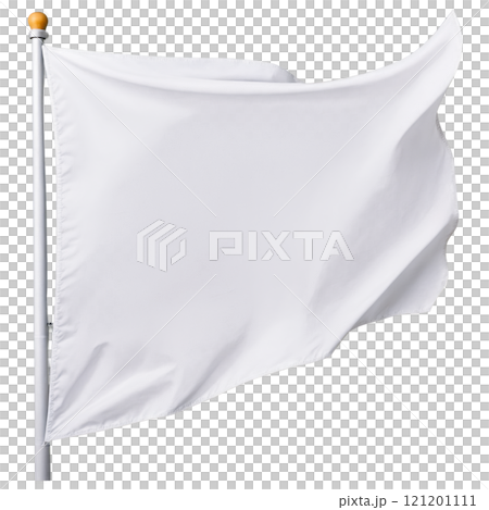 A simple white flag waving gently on a wooden pole against a plain background 121201111