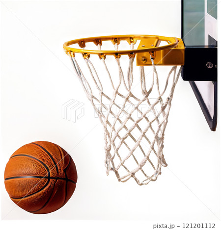 Basketball soaring towards the hoop during a game in an indoor sports facility 121201112