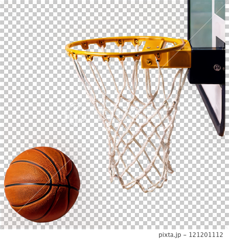 Basketball soaring towards the hoop during a game in an indoor sports facility 121201112
