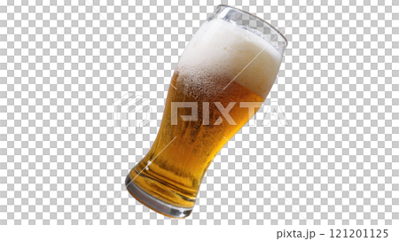 A tall glass of golden beer with a frothy head, tilted on a white background 121201125