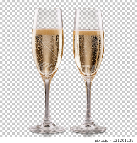 Celebratory champagne flutes filled with bubbly drink on a white background 121201139