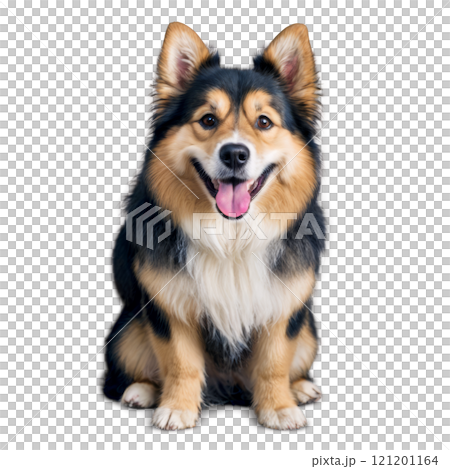 A cheerful fluffy dog poses for a portrait against a plain white background A cheerful fluffy dog poses for a portrait against a plain white background 121201164