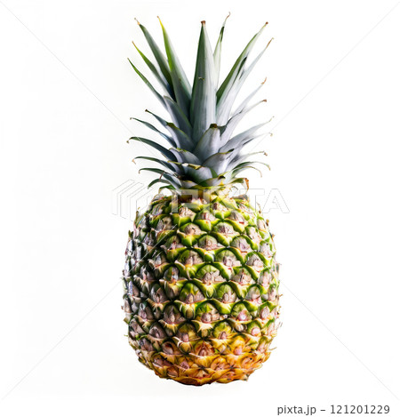 Fresh tropical pineapple with vibrant green crown and textured skin on a white background 121201229