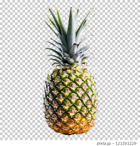 Fresh tropical pineapple with vibrant green crown and textured skin on a white background Fresh tropical pineapple with vibrant green crown and textured skin on a white background 121201229