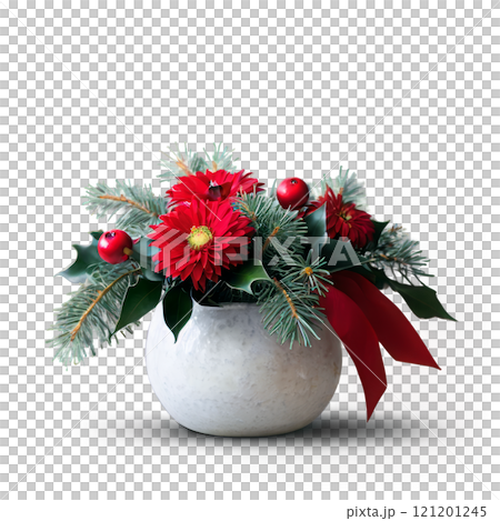 Festive bouquet featuring red roses and white flowers adorned with Santa hats for the holiday season 121201245