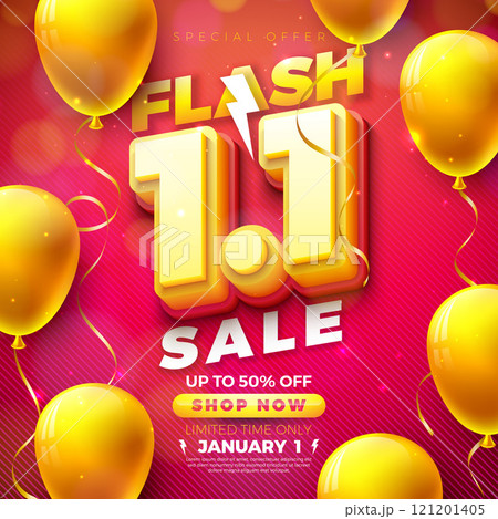 1 January Shopping Day Flash Sale Design with 3d 1.1 Number and Party Balloon on Red Falling Confetti Background. Vector Special Offer 50 Percent Off Campaign Discount Illustration for Coupon, Voucher 121201405