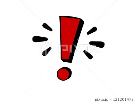 Bold red exclamation mark with black accents on white 121201478