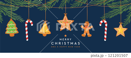 christmas card with hanging gingerbread cookies decoration and fir branches vector illustration christmas card with hanging gingerbread cookies decoration and fir branches vector illustration 121201507