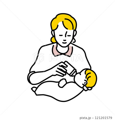 赤ちゃんにミルクをあげる女性のイラスト。育児休業中。 121201579